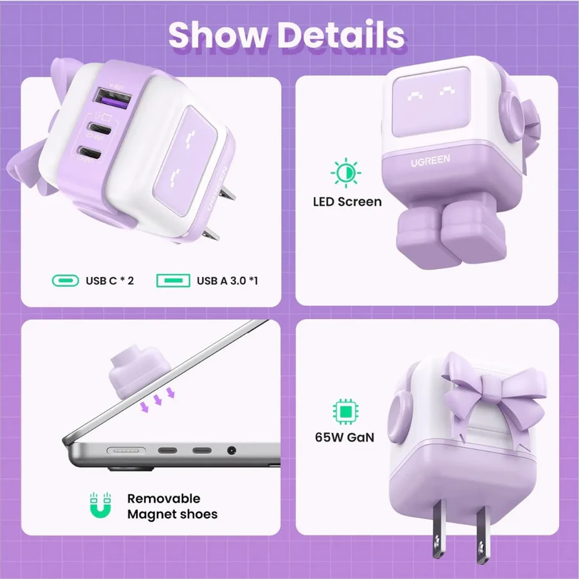 Cargador Carga Rápida Ugreen Nexode RG 65W (Diseño Robot - Edición Morado)